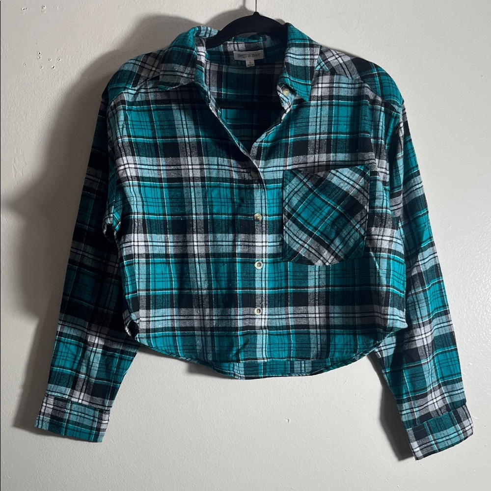 Sweet Envy Teal Plaid Cropped Button-Up Top long sleeve Women’s Small
